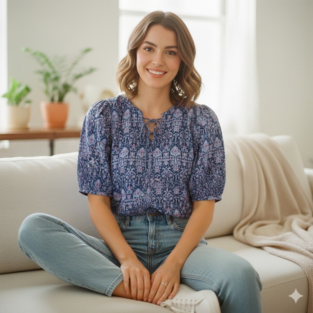 Banana Republic‎ Petite Blue Pink Ikat Print Lace Up Puff Sleeve Top - Size S